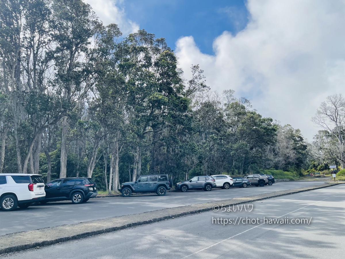 ハワイ火山国立公園（ボルケーノ）のデバステーショントレイル駐車場の様子
